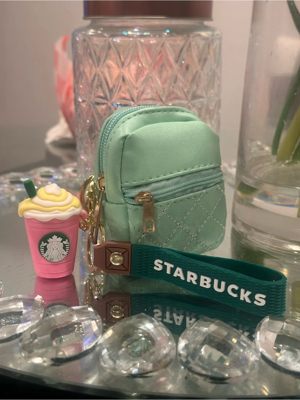 Starbucks Kids Mint Green Mini Backpack Keychain with Pink Drink Charm